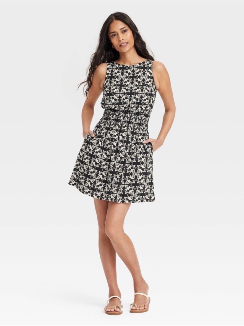 Black & Cream Floral Sleeveless Mini Dress with Smocked Waist and Pockets